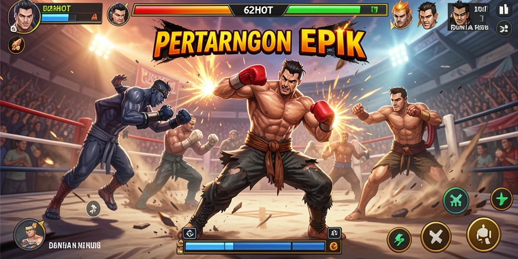 Screenshot gameplay 62HOT menunjukkan pertarungan seru dengan karakter unik.
