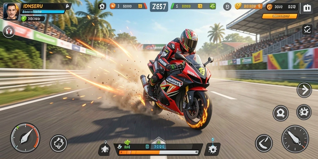 Gameplay seru balapan motor di IDNSERU dengan lintasan menantang.