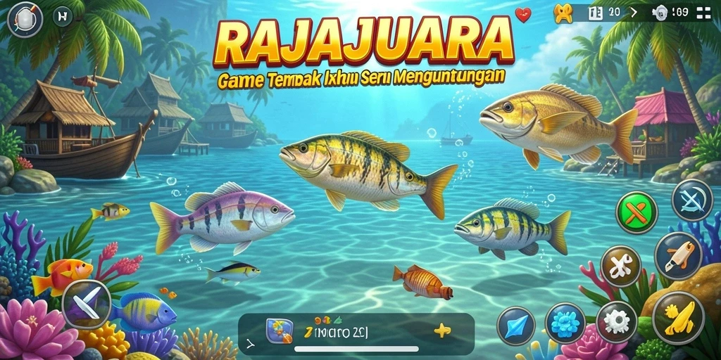 Screenshot utama RAJAJUARA menampilkan aksi menembak ikan yang seru.